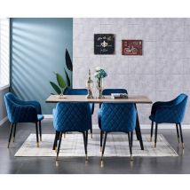 7 Pieces Life Interiors Verona Rocco Dining Set - a Walnut Rectangular Dining Table and Set of 6 Blue Dining Chairs - Blue