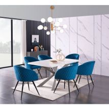Life Interiors - Duke lux Vittorio Dining Set - a White Wooden Dining Table and Set of 6 Blue Velvet Dining Chairs - Dining Room Kitchen
