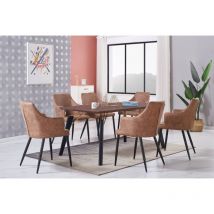Life Interiors - Cosmo lux Zarah Dining Set - a Walnut Wooden Dining Table and Set of 6 Brown Leather Dining Chairs - Dining Room Kitchen