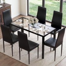 7-teiliges Schwarzes Esszimmer-set, Küchentisch Aus Glas Und 6 Stühle Aus Kunstleder, Kompaktes Esszimmer-set Für Kleine Räume, Moderne Esszimmer-sets