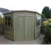 8 x 8 (2.25m x 2.25m) - Pressure Treated Tongue And Groove - Corner Shed - 2 Opening Windows - Double Doors - 12mm Tongue And Groove - Core