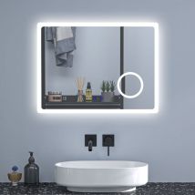 Acezanble - 80 x 60 cm Badezimmerspiegel led Badspiegel Wandspiegel Touch Beschlagfrei+Uhr+Bluetooth+Kosmetikspiegel+3 Farben Dimmbar+LED Memory
