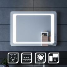 SIRHONA Miroir lumineux de salle de bain, miroir LED mural avec capteur infrarouge, fonction anti-buée, dimensions 80x60 cm