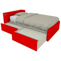864CK - Lit simple 120x190 avec meuble de rangement en tête de lit et tiroirs coulissants - Rouge