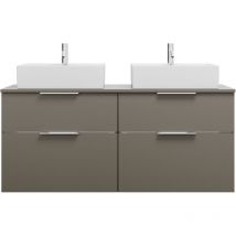 Burgbad Waschtischunterschrank Eqio – 1406 x 550 x 619 mm – Melaminfront Eiche Dekor Cashmere – Hochglanz-Acryl – für 2 Aufsatzwaschtische