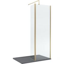 8mm Glass Walk In Wetroom Screen and Hinged Return Screen with Brushed Brass Profile and Grey Shower Tray - 1200 x 900mm