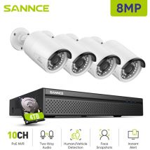 Sannce - 8MP Videoüberwachungssets 10CH nvr 4Kameras Smart ir Nachtsicht Wasserdichtigkeit Sicherheitssystem - 4TB hdd