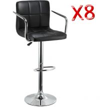 Lot de 8 Tabouret de bar Noir Chaise avec accoudoirs réglables Hauteur de siège: 62,5 - 82,5 cm - Aqrau