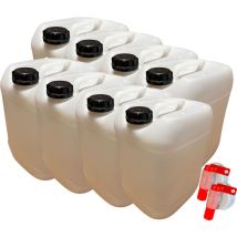 8x Bidon Jerrican Plastique 20 l litres Blanc Bouchon din 61 + 2 Robinets Verseurs