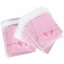8x10CM+2,8CM 200pcs Sac Sachet Pochettes de Bonbons Rose Motif Noeud Papillon avec Auto-Adhésive pour Bonbons Bijoux Objets