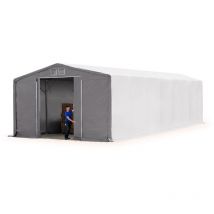 8x16m hangar TOOLPORT, PRIMEtex PVC 2300 N gris, H. 4m avec porte coulissante, avec statique (type de sol : terre)