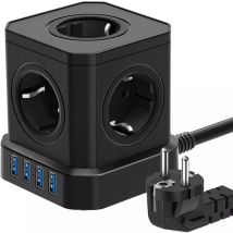 Sjqka - 9 en 1 Multiprise Electrique , multiprise 5 prises avec 4 usb, 2500 w Powercube câble de 2 m pour bureau, maison, noir
