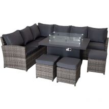 Furniture One - 9 Seater Rattan Garden Furniture Corner Set with Gas Fire Pit Table with Cushion - Grey