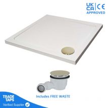Gravahaus - 900 x 900mm White Square 45mm Low Profile Shower Tray with Brushed Brass Waste