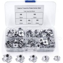 90pcs Dado a t a 4 punte, Dadi a t in acciaio al carbonio, M3/M4/M5/M6/M8, Lavorazione del legno mobili, Inserti di dado a t in acciaio al carbonio.