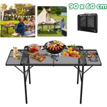 Hengmei - 90x60cm Table de camping pliante Table d'appoint Outdoor Table de jardin avec plateau grillagé en métal Table de barbecue Table pliante