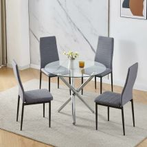 Niceme - 90x90 Round Table and Chairs, Round Glass Table with Chairs, Dining Table Set of 2/4 (Linen, Grey, With 4 Chairs)