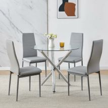 Niceme - 90x90 Round Table and Chairs, Round Glass Table with Chairs, Dining Table Set of 2/4 (Faux Leather, Grey, With 4 Chairs)