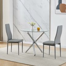 Niceme - 90x90 Round Table and Chairs, Round Glass Table with Chairs, Dining Table Set of 2/4 (Faux Leather, Grey, With 2 Chairs)