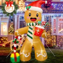 96 Inch Outdoor Inflatable Gingerbread Man, Christmas Decoration with LED Lights, Gingerbread Man with Christmas Gifts for Yard, Lawn, Garden