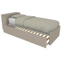 Lit coffre simple avec deuxième lit extractible et tête de lit coffre - 80x190 - Effet tissu