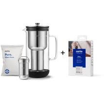 Aarke Purifier, Caraffa Filtrante Brevettata In Vetro E Acciaio Inox, 2.4l + Sacchetti Di Ricarica Per Filtri Pure Da 3 Pezzi