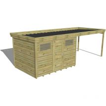 ABRI DE JARDIN bois Pin autoclave 27mm - 6,94x2,64m / 18,3m2 - Bac acier - Plancher bois