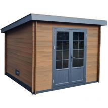 Green Outside - Nouveau Coloris teck Abri de jardin composite 3x3 toit plat contemporain 10m²