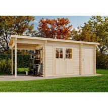Abri de jardin Corfou avec extension et toit en pente Naturel , 28 mm Épaisseur paroi 556 x 224 cm