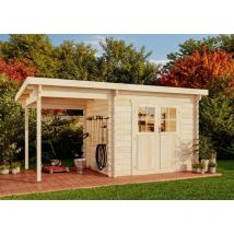 Carlsson - Abri de jardin Corfou avec extension toit Naturel , 28 mm Épaisseur paroi 438 x 224 cm