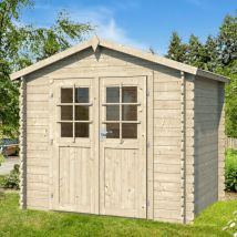 Abri de jardin, rangement a outils, structure en madriers emboites de 28 m/m. dim. 250x250 cm, double porte 1/2 vitree, toiture double pente roofing