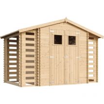 Timbela - Abri de jardin en bois et range bûches extérieur avec sol traité - extérieur I206xL328xH218 cm/ 3,53 + 0,97+0,97 m2 Petit abri à outils,