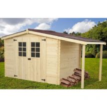 Habrita - Abri Montana Double Pente avec Bûcher 8,94 m² – Épicéa Massif 28 mm – Plaques Ondulées Bitumées – Sans Plancher