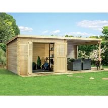 Eden Partenaire Jardin - Abri de jardin, rangement a outils. Structure en madriers emboites de 28 m/m. 320x600 cm, double porte 1/2 vitree, avec