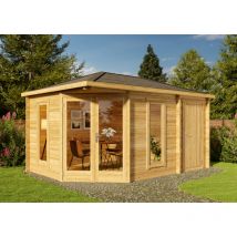 Alpholz - Abri de jardin pentagonal Liwa Compact avec extension Marron Imprégné, 28 mm Épaisseur paroi 440 x 300 cm