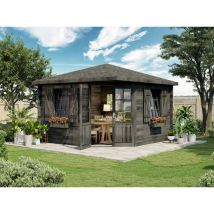 Alpholz - Abri de jardin pentagonal Monica Royal Gris Imprégné, 28 mm Épaisseur paroi 377 x cm