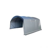 Abri tunnel pieds droits largeur 4 m pas à 1.50 m - Long 21 m, type Camion 640 gr/m² beige, Façade 1 porte souple et 1 façade avec
