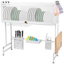 Abtropfgestell, 75 x 30 x 78 cm, Abtropfgestell über der Spüle, mit Messerhalter, Utensilienhalter, Schneidebretthalter (Farbe: Weiß)