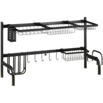 HOMCOM Abtropfgestell Geschirr, 2-stufiges Abtropfgitter Gestell, 51-93 cm Abtropfständer mit Haken, Abtropfschale für Küchen Spüle, Stahl, Schwarz