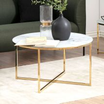 Ac Design Furniture - Table Basse Ronde 80x45 Cm Aspect Marbre Blanc Et Métal Doré - Monza