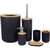 Accessoires salle bain Set Porte-brosse à dents Bambou Comptoir en bois Autoportant Distributeur savon Tasse cuisine Brosse toilette Salon Poubelle