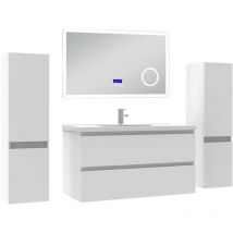 Acezanble - ensemble meuble 100 cm blanc avec 2 tiroirs à fermeture automatique, lavabo céramique + miroir salle de bain Bluetooth tricolore + 2