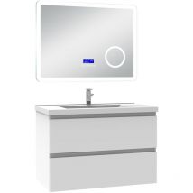 Acezanble - ensemble meuble 80 cm blanc avec 2 tiroirs à fermeture automatique, lavabo céramique simple + miroir salle de bain Bluetooth tricolore,
