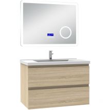 Acezanble - ensemble meuble 80 cm Chêne Wotan avec 2 tiroirs à fermeture automatique, lavabo céramique simple + miroir salle de bain Bluetooth
