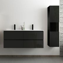 Acezanble - ensemble meuble salle de bain 120 cm noir brillant avec 4 tiroirs à fermeture automatique, double lavabo céramique + colonne haute,