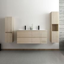 Acezanble - ensemble meuble salle de bain 120 cm Chêne Wotan brillant avec 4 tiroirs à fermeture automatique, double lavabo céramique + deux