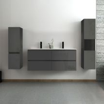 Acezanble - ensemble meuble salle de bain 120 cm anthracite brillant avec 4 tiroirs à fermeture automatique, double lavabo céramique + deux colonnes,