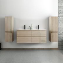 Acezanble - ensemble meuble salle de bain 120 cm Chêne Wotan brillant avec 4 tiroirs à fermeture automatique, double lavabo céramique + 2 colonnes,
