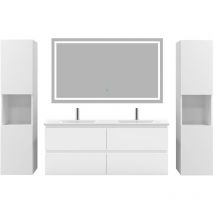 Acezanble - Ensemble meubles Salle De Bain 120cm 4 tiroirs double vasque + colonne + miroir led Blanc 5pcs