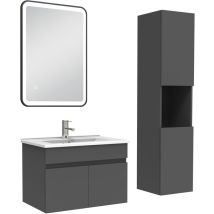 Acezanble - Meuble simple vasque 60cm avec colonne + miroir lumineux 3 couleurs anthracite